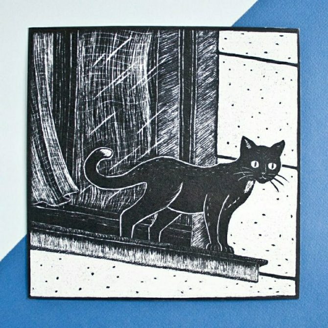 Kattenkaart Cat in Windowsill linosnede 2 @catsandthings.nl