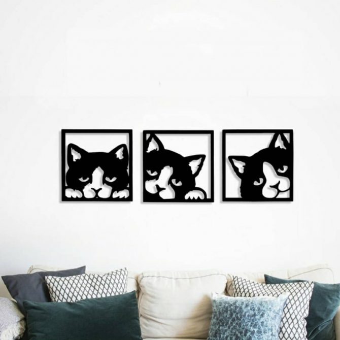 3 kleine wanddecoraties van katjes