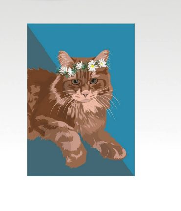 Kattenkaart van een Maine Coon met bloemenkrans