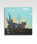 Lino kattenkaart met kat op muurtje tegen een aqua lucht