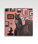 Kattenkaart linosnede van kat voor een muur met schilderijen