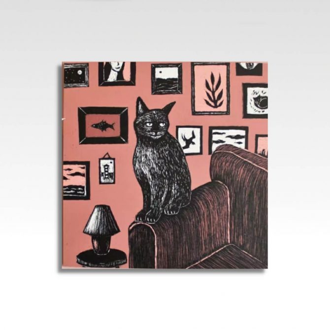 Kattenkaart linosnede van kat voor een muur met schilderijen
